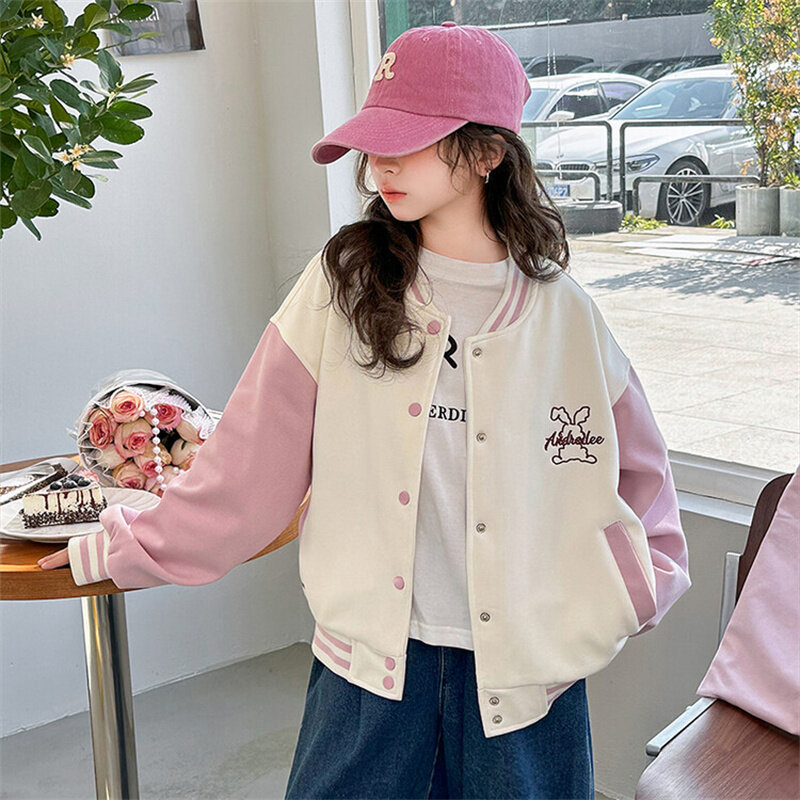 Mantel musim semi anak perempuan 2024 baru 6-15 tahun anak-anak gaya Luar Negeri pakaian bisbol anak perempuan kecil modis kasual versi Korea
