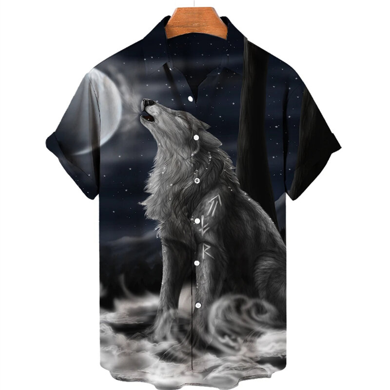 Camisas estampadas de lobo Animal solitario para hombres, camisas Punk de moda, blusas casuales para hombres, ropa de calle de manga corta, blusa de solapa