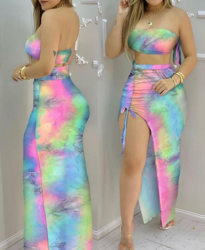 Spot 2023 Women's New Sexy Ginkgo Print Lace Up Short Top and Drawstring High Split Skirt Set Summer Fashion