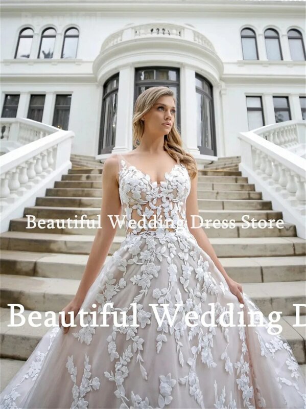 Gaun indah menawan dalam kerah v gaun pernikahan Floral applique lantai Panjang menyapu kereta 2024 gaun pengantin baru gaun Prom