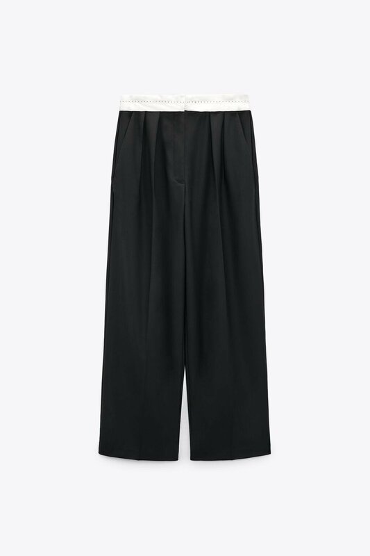ETJ 2023traf new autumn suit pants for women fashion high-waist-color contrast vertical trousers mallow-floor pants 4661/402