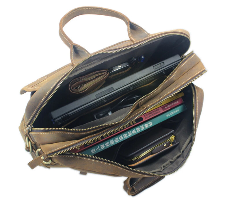 Vintage Crossbody Bag Men Real leather shoulder bag Messenger Genuine Leather Briefcase Handbag large tote Brown M053#