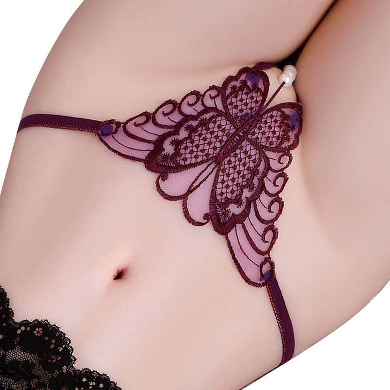 G-String Women Butterfly Lace Hollow Open Crotch Panties For Sex Pearl Exciting Underwear Low Waist Embroidered Thong