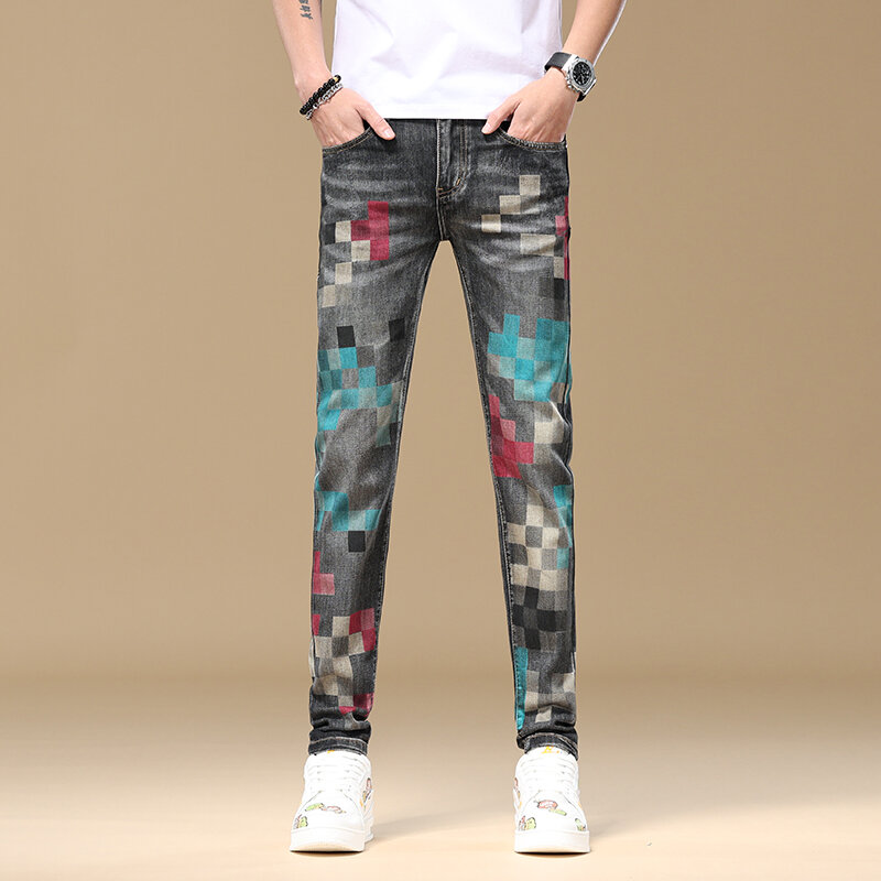 Fashionable mosaic print design jeans for men's summer stretch slim fit small foot trend street personalized denim pants