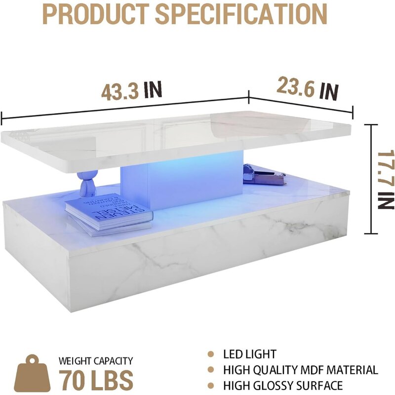 (Spring Sale) LED Coffee Table Marble Material, High Gloss Surface, Modern Style, with Remote Control, Coffee Table