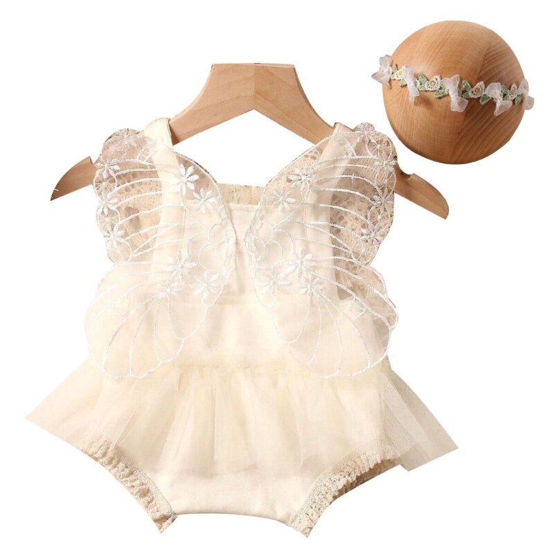 Y1UB Embroidery Jumpsuit Flower Headpieces Baby Photo Posing Outfit Photo Costume Set