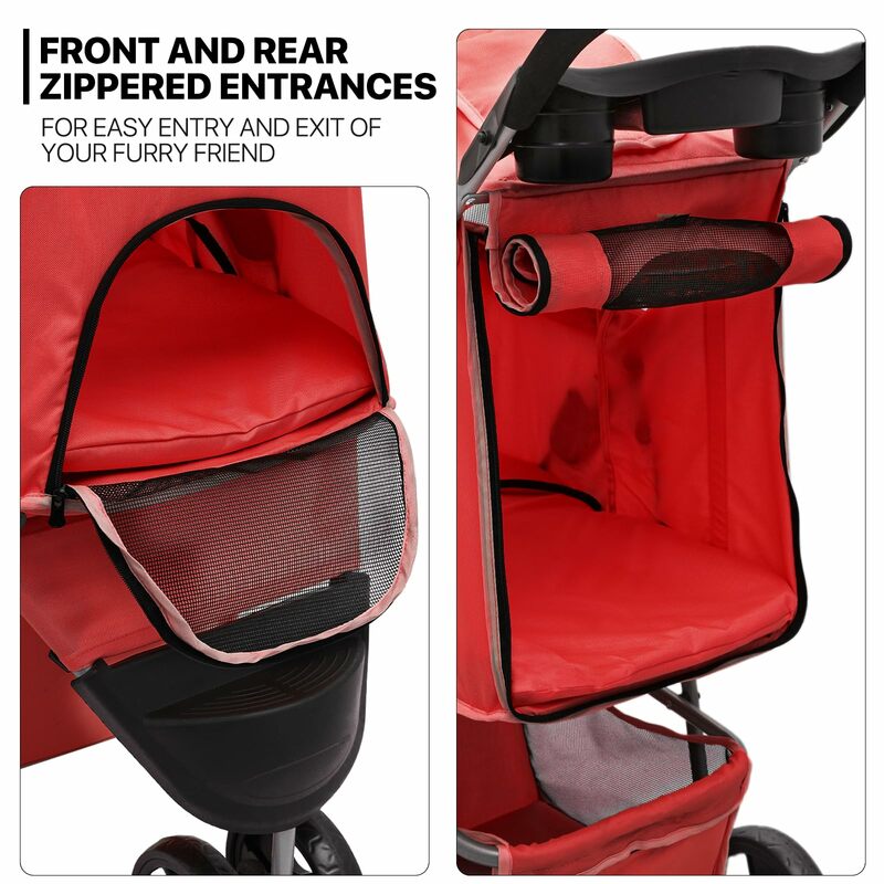 Red 3-Wheel Foldable Pet Stroller: Weather Cover, Breathable Mesh for Small/Medium Pet