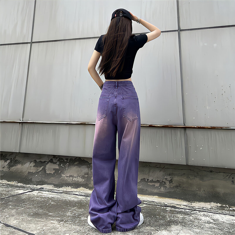 Jeans larghi viola donna stile fidanzato vita alta colore sfumato lavato Y2k pantaloni Cargo Mopping pantaloni dritti in Denim