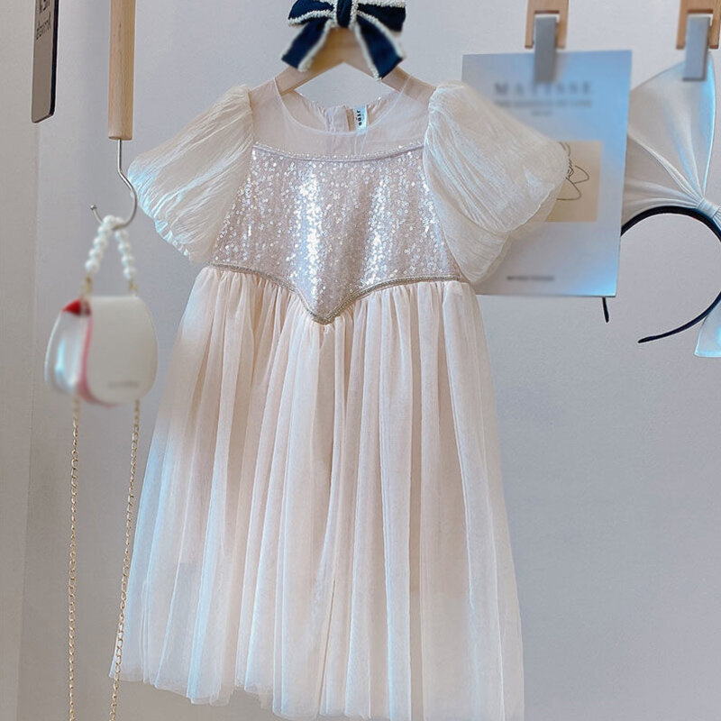 여아용 퍼프 슬리브 스팽글, 아름다운 공주 파티 드레스, 절묘한 섬세한 의상, 여름 유행