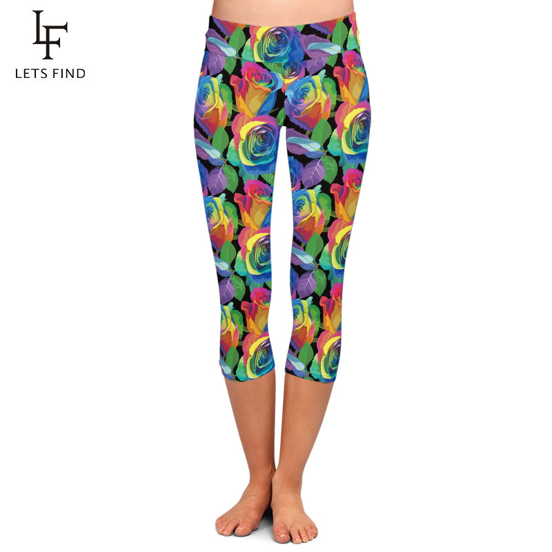 LETSFIND Brand New 2019 Colorful Flower Print High Waist Leggings Fashion  Women Casual Capri Leggings Summer