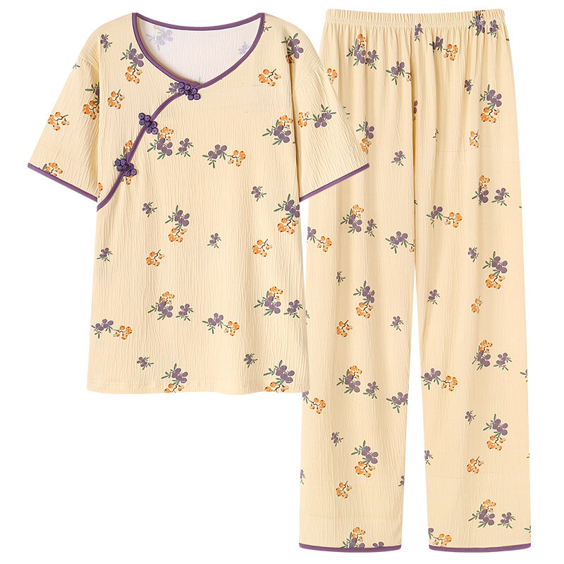 Summer Cotton Pyjamas Female Chinese Style Print Pajamas Sets Round Collar Sleepwear Women Pajamas Short-Sleeve Casual Tracksuit