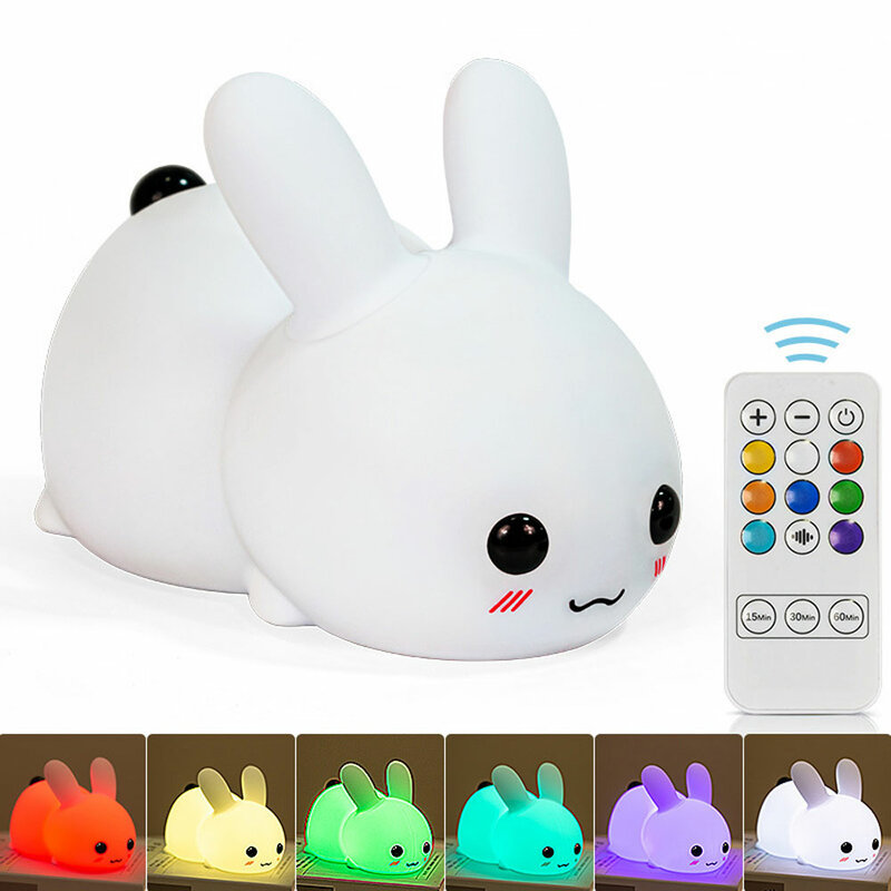 Luce notturna per camera da letto per bambini Bunny silicone morbido a LED ricaricabile con telecomando RGB