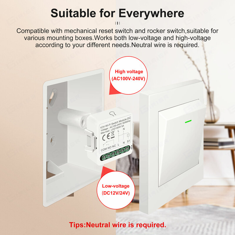 Girier Wifi Switch Modul Trocken kontakt 5a Smart Home DIY Breaker Relais DC 12/24V AC 100-240V unterstützt Alexa Google Home Assistant