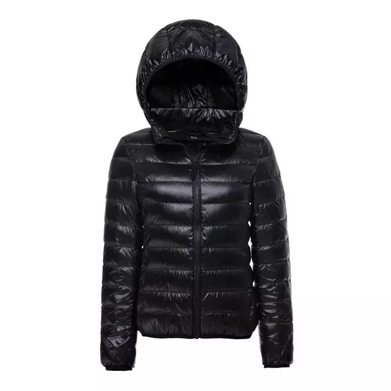 Jaket Puffer pendek bertudung wanita, jaket hangat Ultra ringan musim gugur musim dingin 2023 ukuran baru 90%
