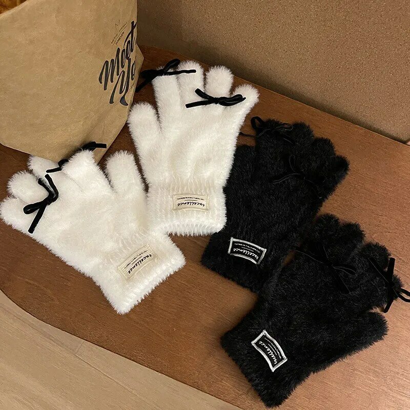 Y2K Lolita Bow Gloves Women Girls Kawaii Furry Thickened Touchscreen Full Fingers Glove Cashmere Soft Mink Fur Crochet Mittens