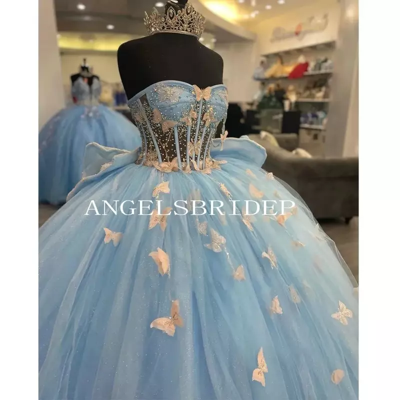 Vestido De quinceañera azul cielo con lazo grande, sin mangas, apliques 3D, mariposa, 15 Años
