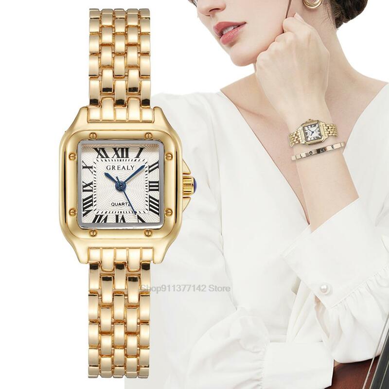 여성용 럭셔리 스퀘어 시계, 금 합금 스트랩, 쿼츠 손목시계, 여성용 로마 체중계 시계, 2024