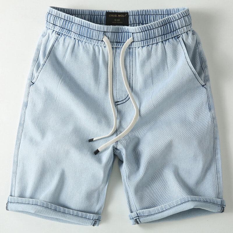 Denim Shorts Men Blue Jeans Shorts Fashion Casual Solid Color Jeans Shorts Male Elastic Waist Short Pants Summer