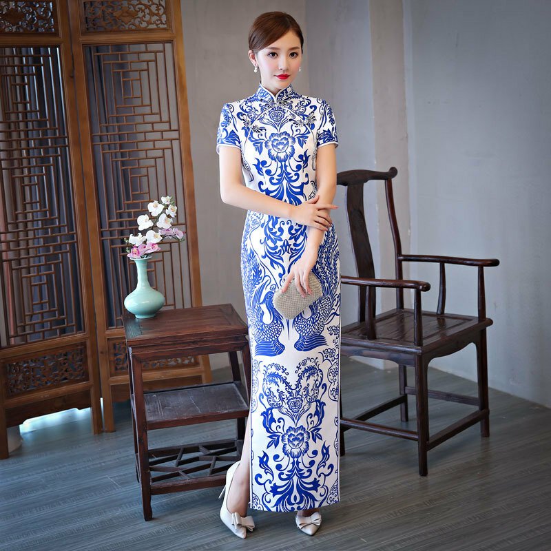 Borduurwerk Luxe Pailletten Prachtige Lange Vork Satijn Cheongsam Show Dans Jurk Elegante Sexy Slanke Bodycon Qipao Fashion Gown