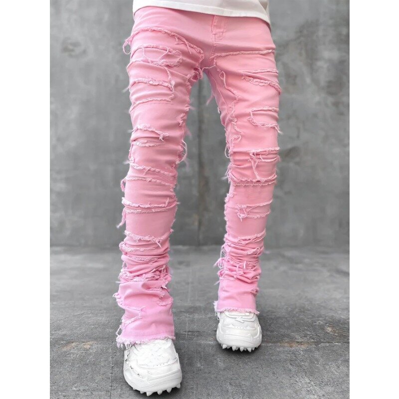 Men's ripped jeans European and American style straight y2k personality fashion elastic ripped solid color ripped denim trousers
