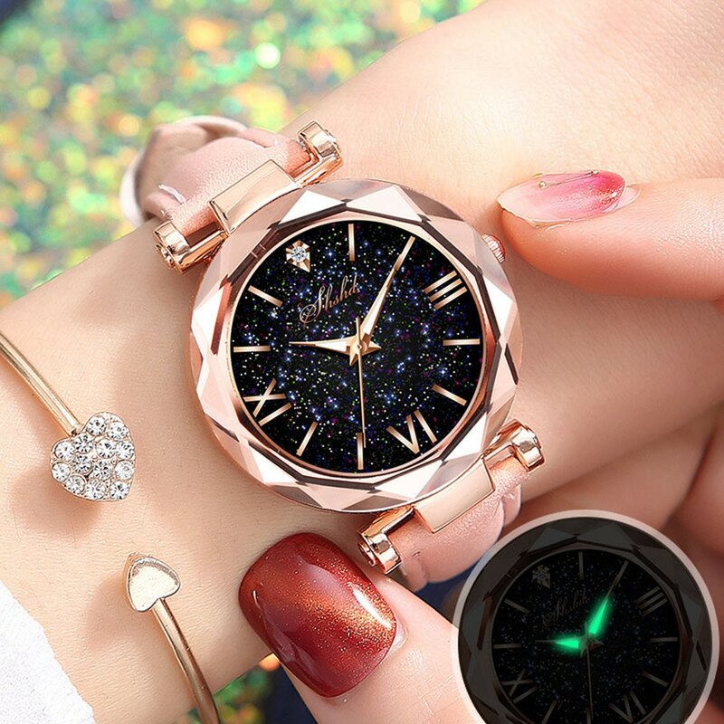 Jam tangan untuk wanita Reloj modis uniseks Bintang titik kecil jam tangan sabuk buram dengan skala Roma jam tangan wanita 2023