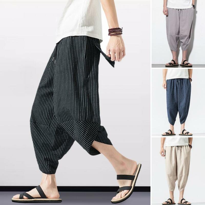 Celana crop pria, bawahan musim panas dengan tali serut elastis vertikal cetakan Harem untuk Streetwear musim panas