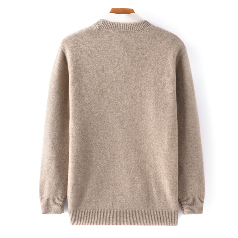 Pullover leher bulat pria, pakaian wol murni 100% warna Solid, Sweater bernapas serbaguna musim gugur/musim dingin