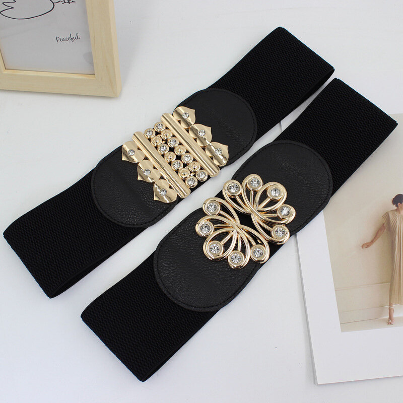 Cinturón ancho Retro elegante para mujer, cinturón elástico negro, hebilla dorada, cinturón de corsé elástico, decoración de moda