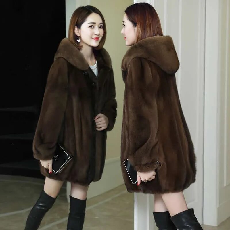 Abrigo holgado de piel de visón de imitación para mujer, abrigo informal de manga larga con capucha, longitud media, otoño e invierno, novedad de 2023