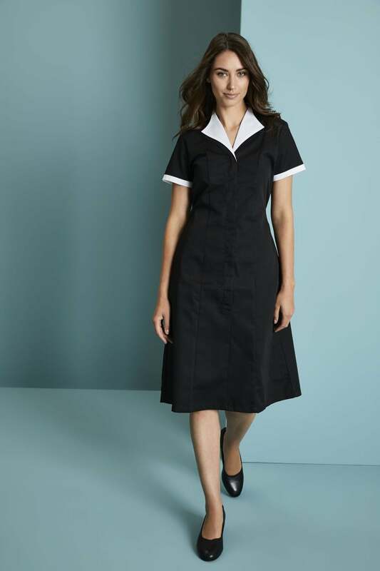 Zwarte Schoonmaak Uniform Personeel Uniform Voor Schoonmaak Werknemer Huishouding Tuniek Met Witte Trim Jurk Voor Vrouwen Voor Hotel T/T
