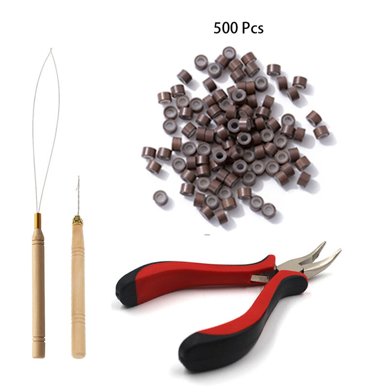 Extensões de cabelo Beads Kit Ferramentas, Extensões Micro Puxando Agulha, Loop Threader, Silicone Forrado, 500 Peças