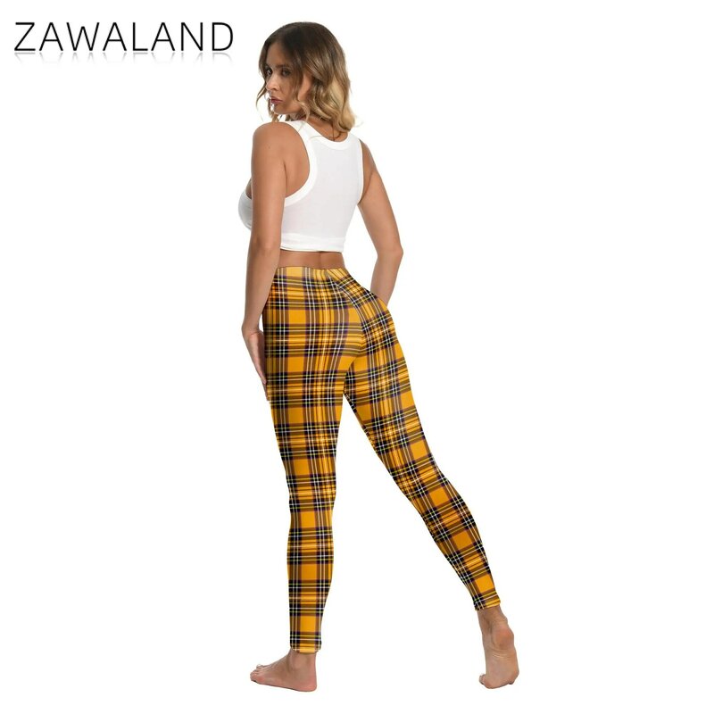 Zawand celana wanita Tartan kuning 3D celana panjang motif garis Halloween celana ketat elastis wanita celana panjang pinggang sedang