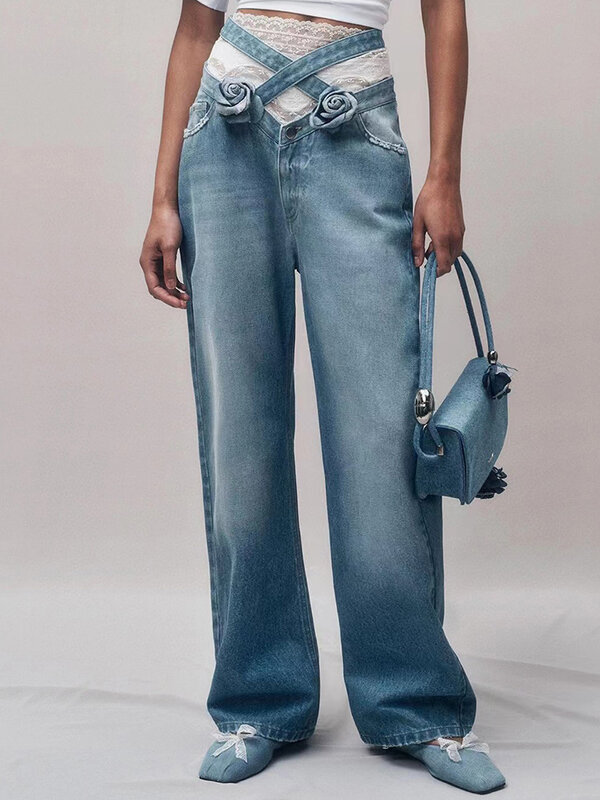 Designer cross-strap applique high-waisted vintage wash jeans 2024 summer women's new fashion luxury all-match wide-leg pants