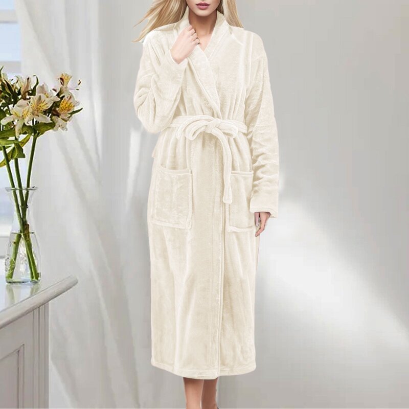Roupão de lã longo fuzzy feminino, robe com capuz, quimono flanela de coelho, roupão grosso, roupão de veludo, roupão quente
