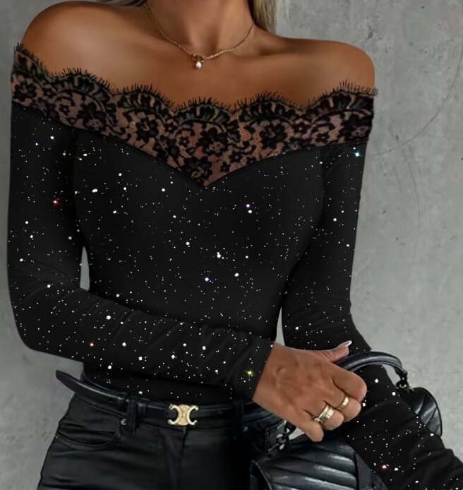 Blouses for Women Fashion 2023 Autumn Glitter Off Shoulder Long Sleeve Eyelash Lace Patch Skinny Top Fashion Pullovre Female Tee