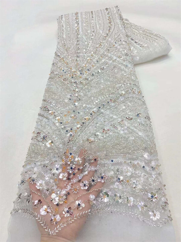Tecido de renda francesa frisada africana para vestido de noiva, lantejoula malha de tule material de costura, cristal artesanal, alta qualidade 2024