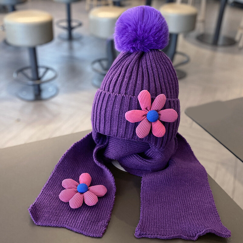 Doitbest 2022 Winter Boys Girls Warm Beanies Child Scarf Hat Set Flowers Fur Hairball Baby Kids Knit Solid Scarves Hats