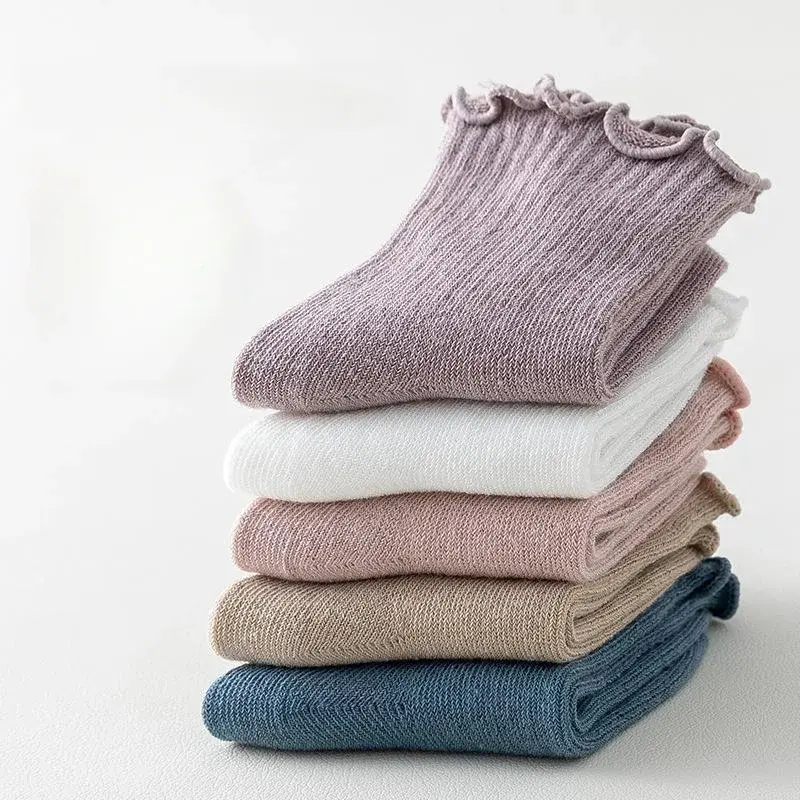 Calcetines tobilleros de algodón para bebé, medias suaves y transpirables con volantes, patrón sólido, para la escuela, de 0 a 8 años