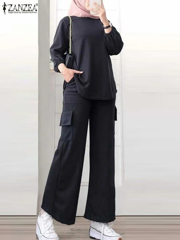 ZANZEA moda muzułmańska stylowy 2 szt. Strój 3/4 rękawy topy wiosna Casual spodnie z szerokimi nogawkami zestawy damskie islamskie luźne dresy