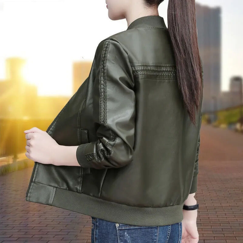 Jaket kulit PU kerah berdiri wanita, mantel Luaran kulit bersepeda motor pendek cantik Korea Musim Semi dan Gugur
