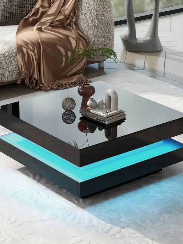 ดีไซน์เรียบหรูเงางามพร้อมไฟ LED 16สีแบบปลั๊กอินโต๊ะกาแฟสี่เหลี่ยม2ชั้นโต๊ะกลางสำหรับห้องนั่งเล่นสีดำ