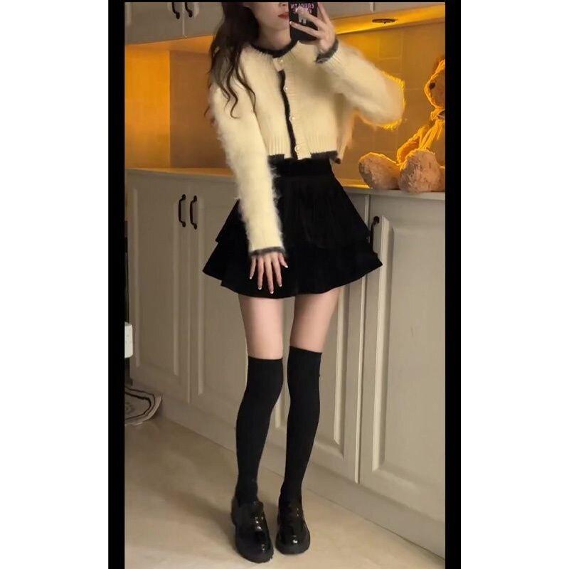 Fragrance Sweater Skirt Suit Women Fashion Knitted Short Ruffled Skirt Sweet Temperament Solid Loose Autumn Winter Two Piece Set