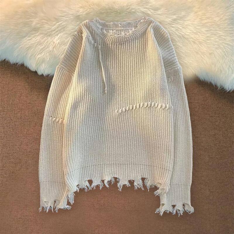 Suéter de manga larga con flecos para hombre, Jersey de punto cálido con detalle rasgado, ajuste suelto, Vintage, Otoño e Invierno