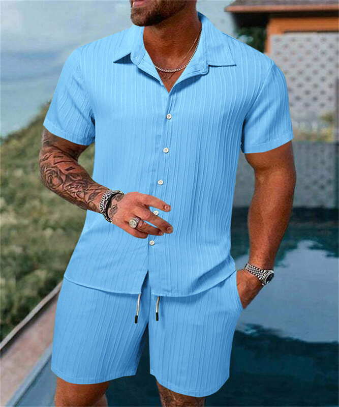 Estate nuovi uomini moda spiaggia sport fitness camicia casual tinta unita Heilan striscia allentata manica corta pantaloncini spiaggia vestito da uomo