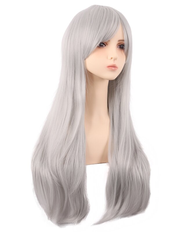 Cos Wig Female Micro-Curly Long Hair Anime High Light Gray Silver Qi Side Bangs Universal Full