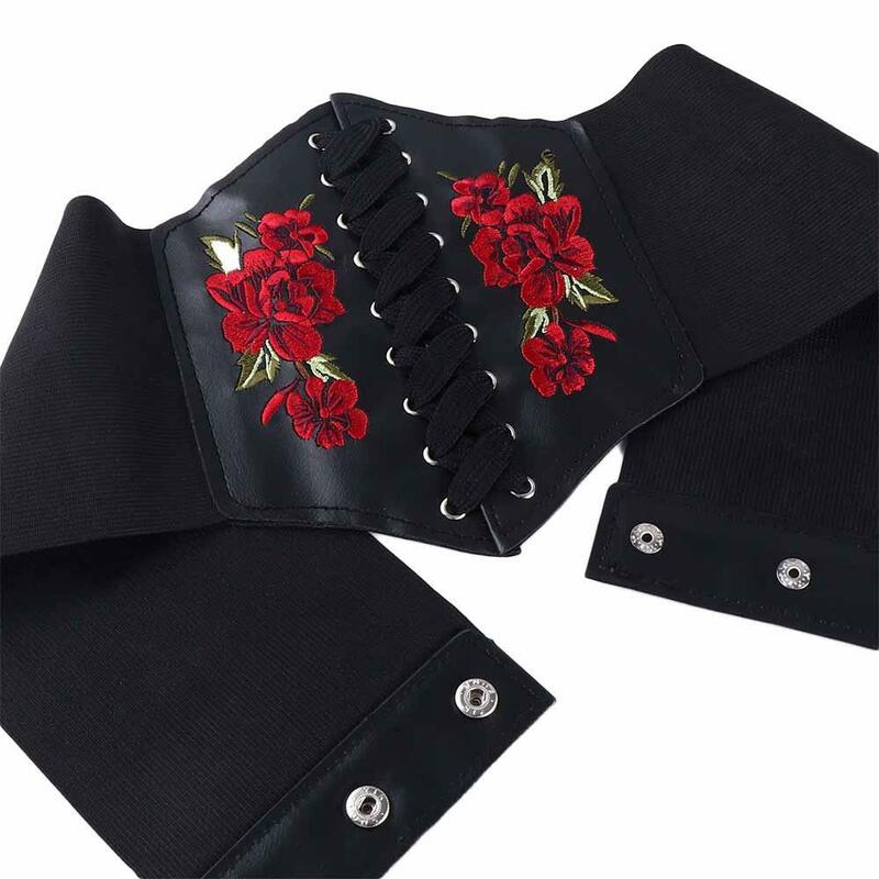 Gaun bordir pola mawar kulit PU yang dapat disesuaikan korset pinggang ornamen Gaun wanita ikat pinggang sabuk wanita