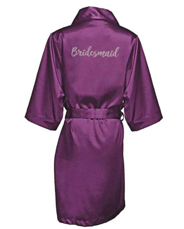 Cetim roxo Kimono Bridesmaid Robes, Escrita Prata, Bride's Short Robes, Casamento, Noiva, Dama de honra, Novo, Drop Shipping