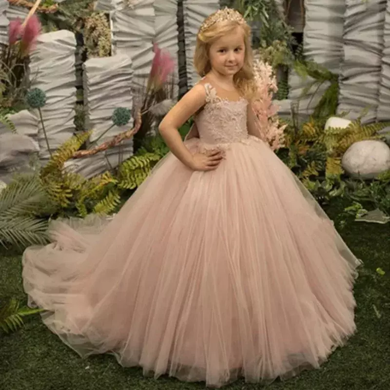Champagne Flower Girl Dress Lace Fluffy Tulle Round comunione Neck Little girl kids wedding birthday party prom holiday dress