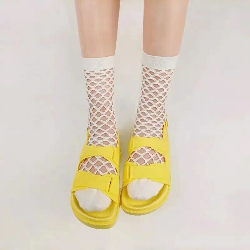 LO-medias de malla Sexy para mujer, calcetines con agujeros de Color sólido, estilo blanco, malla fina transpirable, calcetines de tubo hueco