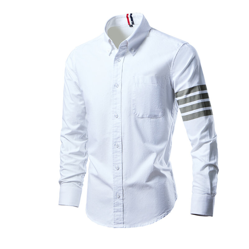 Camisa de algodão puro manga comprida masculina com bolsos, gola virada para baixo masculina, camisa de botão para cima, tops macios, roupas de marca, primavera, outono, nova